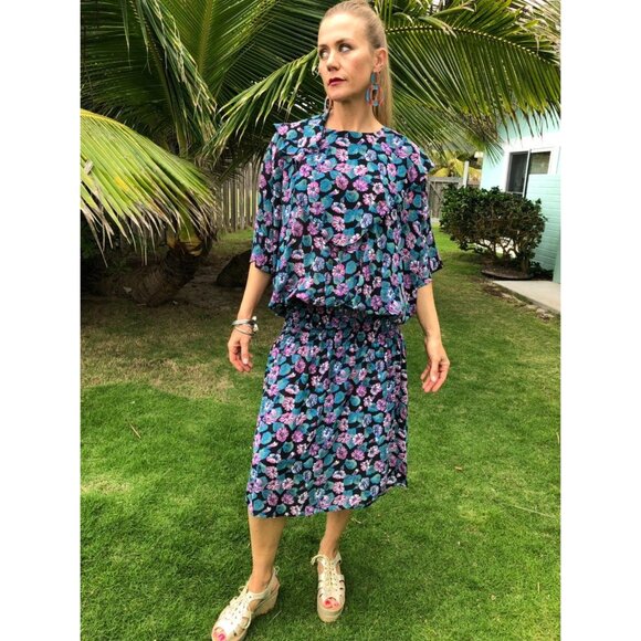 Vintage 80s does 20s Dropped Waist Tropical Hawaiian Flowy Dress | Small Medium - Picture 7 of 10